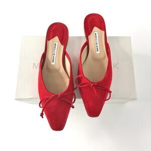 NIB Manolo Blahnik Bow Red Suede Slip On Mule Flats 39.5